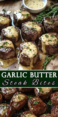 garlic butter steak bites on a cutting board