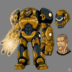 an iron man character is shown next to another character from the movie avengers, which appears to be in yellow and black colors