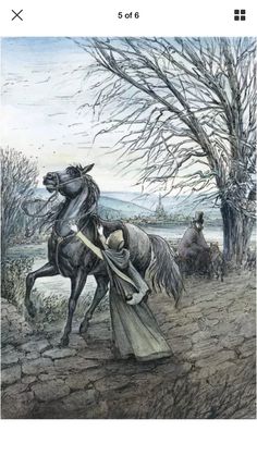 a drawing of a woman riding on the back of a horse next to a tree