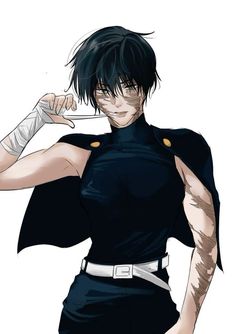 an anime character holding a toothbrush in one hand and wearing a black uniform on the other