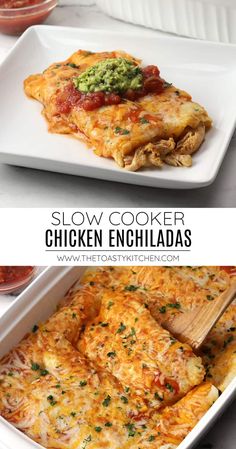 slow cooker chicken enchiladas in a casserole dish