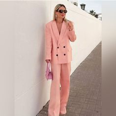 New With Tags Bloggers Favorite! Set Blazer And Pants Exterior 100% Linen Menswear Style #Straight# Co Ord# 2 Pieces#Pink#Wide# Relaxed# Oversixed# Slouchy#Long#High #Rise#Dress#Baggy#Summer#Flowy# Suit# Matching# Chic High-waist Workwear Sets, Chic High Waist Workwear Set, Elegant High Waist Spring Sets, Chic High Waist Office Set, Elegant High Waist Pink Pantsuit, Spring Wide Leg Suits With Pockets, Chic High Waist Sets With Pockets, Summer Office Wide-leg Pantsuit, Trendy Wide Leg Sets For Workwear