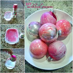 pink and white ornaments are sitting on a plate