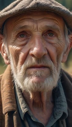 an old man with white hair and beard wearing a brown hat is looking at the camera