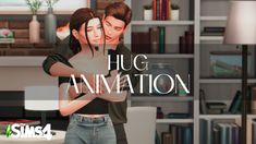 a couple hugging each other in front of a bookshelf with the words hug animation on it