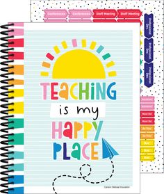 Happy Place Teacher Planner Happy Planner Teacher, Boho Rainbow Classroom, Lesson Plan Book, Teacher Lesson Planner, Teacher Must Haves, Planner Writing, Sticker Organization, Carson Dellosa, Teacher Lessons