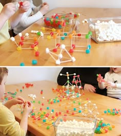 two pictures of children playing with marshmallows and building structures on the table