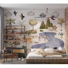 a bedroom with a bed, shelves and paintings on the wall