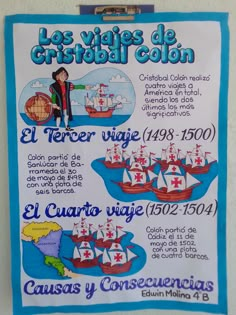 a sign with spanish writing and pictures of ships in the ocean, on a white wall