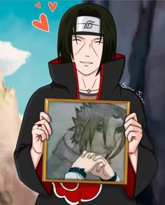 a person holding up a painting with an anime character in the frame behind them and hearts flying above