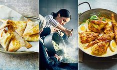 two pictures with food in them, one is fried and the other has chicken wings