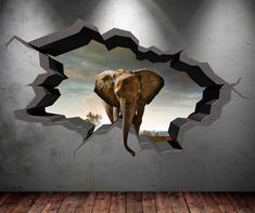 an elephant looking through a hole in the wall