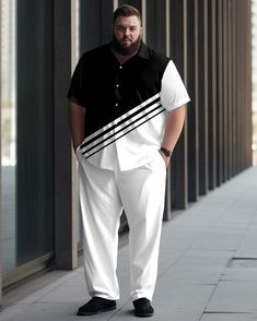 Want to make a statement in spring and summer? Step out in confidence with our mens black and white walking set. It features a color block splicing style and striking white stripes that create a contrast effect. This simple yet impactful design showcases your personality, making it suitable for casual or formal settings. Type: Short-Sleeved Shirt Pants Set Design: White, Black, Stripe, Color Block Style: Simple Fit: Loose Neckline: Lapel Sleeve Length: Short Sleeve Occasion: Casual Brunches, Bus Fitted White Shirt For Streetwear, Black Cotton Shirt With Print, Black Printed Cotton Shirt, White Cotton Shirt With Printing, White Printed Cotton Shirt, Native Print, Shirt Pant Set, Simple Fits, Mens Fashion Classy