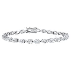 This diamond tennis bracelet features beautifully cut pear-shape diamonds set gorgeously in 18k white gold. Metal: 18k Gold Diamond Cut: Pear-Shape Natural Diamond Total Diamond Carats: 4.50cttw Diamond Clarity: VS Diamond Color: F-G Color: White Gold Bracelet Length: 6 inches Pear Shaped Tennis Bracelet, Pear Diamond Bracelet, Luxury White Diamond Dainty Bracelet, Pear Shape Tennis Bracelet, Pear Tennis Bracelet, Pear-shaped Diamond Bracelets In White Gold, White Gold Pear-shaped Diamond Bracelets, Formal Pear-shaped Tennis Bracelet, Fine Jewelry Diamond Pear-shaped Tennis Bracelet