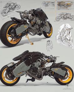 an artistic rendering of a motorcycle with yellow rims