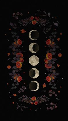 three phases of the moon with flowers and leaves around them on a black background, surrounded by red roses