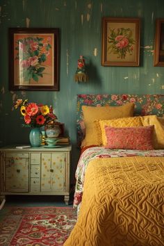 a bedroom with green walls and yellow bedspread, flowers on the nightstands