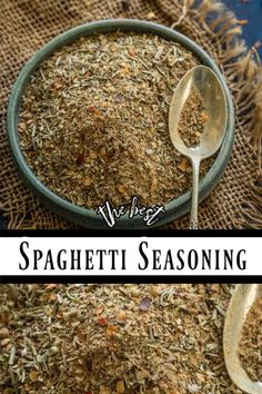 a spoon full of spagettti seasoning next to a bowl filled with dried herbs