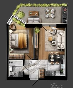 an overhead view of a living room and kitchen area in a house with floor plans