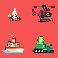 some pixel art that looks like old school video game characters, including a helicopter and a tank