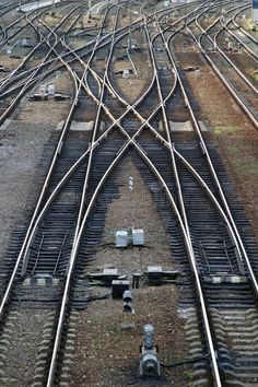 an overhead view of multiple railroad tracks