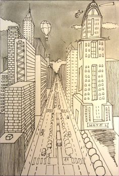 a drawing of a city street with cars and hot air balloons