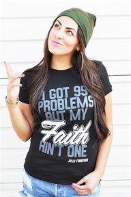 99 Problems but my FAITH ain't one is based on Hebrews 11:1 Now faith is being sure of what we hope for and certain of what we do not see. Visit is online at www.jcluforever.com Christian T Shirts, Jesus Tees, 99 Problems, Christian Stuff, Christian Fashion, Youth Ministry, Christian Tees, Youth Group, Jesus Shirts