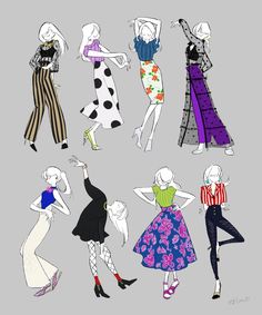 six women dressed in different styles and colors, all wearing dresses with polka dots on them