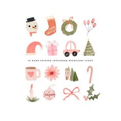 an illustration of christmas items and decorations on a white background with the words 10 hand painted holiday highlight icons