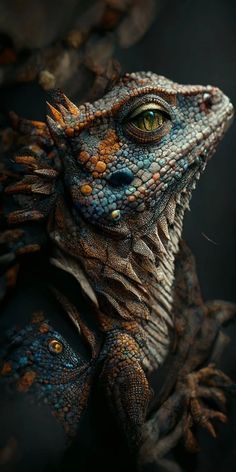 an iguana looking into the camera with its eyes wide open