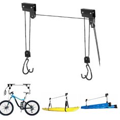 three different types of bikes hanging from hooks