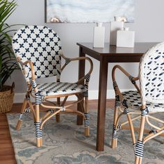 two chairs sitting next to each other on top of a rug