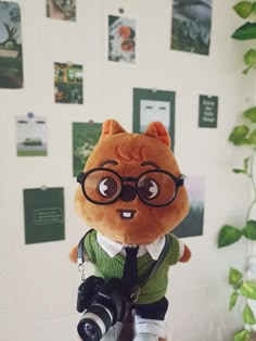 a stuffed animal wearing glasses and holding a camera