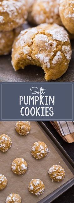 pumpkin cookies with powdered sugar are on a baking sheet and next to the cookie