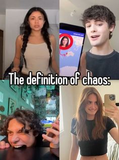 four different pictures with the caption'the definition of chaos'in each photo