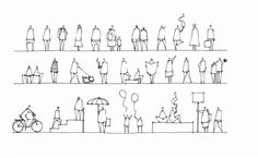 a line drawing of people standing and sitting