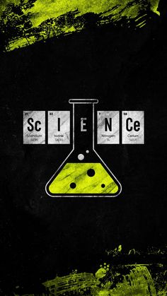 a yellow flask with the word science on it in black and green colors, against a grungy background