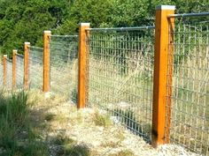 an image of a fence that is in the middle of some grass and dirt with trees in the background