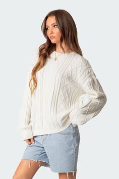 PRODUCT INFO Sweater Oversized fit Cable knit fabric 100% Cotton Model wears size S Model height is 5'8 Item care: Wash with similar color Cable Sweater Outfit, Cable Net Sweater, Fall Sweater Trends, Knit Oversized Sweater, White Cable Knit Sweater, Dressy Sweaters, Cable Knit Sweater Womens, White Knit Sweater, Woven Sweater