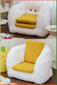 two pictures of a chair with a yellow pillow on it and the same one in different positions