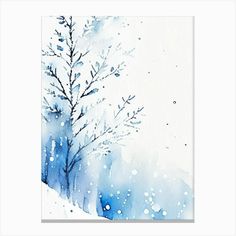 a watercolor painting of a tree in the snow with blue and white colors on it