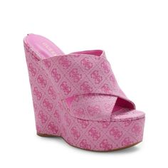 Wedge-Heel Sandals Covered With Monogram Print. Textile Upper Open Toe Slip-On Synthetic Lining Padded Insole Synthetic Sole Imported Size Heel, 5.5" (140mm) Platform, 2" (51mm) Pink Wedge Sandals With Branded Heel, Trendy Wedge Heels With Branded Insole, Paris Hilton Y2k, Heel Combat Boots, Heel Wedges, Guess Boots, Guess Sneakers, Cher Horowitz, Guess Heels