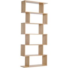 a tall wooden shelf with four shelves on each side