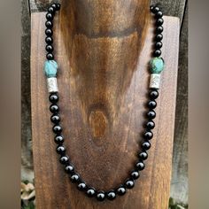 Mens Unisex Sterling Silver Black Onyx Turquoise Kokopelli Bead Necklace 20 Inch Gift Best Offers Accepted! Handmade Necklaces For Men, Southwestern Black Beaded Necklace Gift, Turquoise Necklace With Black Beads As Gift, Handmade Southwestern Black Beaded Necklace, Spiritual Silver Onyx Beaded Necklaces, Spiritual Black Onyx Beaded Necklace, 20 Inch Necklace, Sterling Silver Mens, Men Necklace