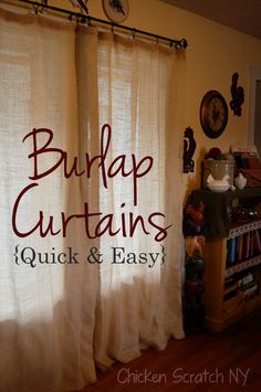 a curtain with the words burp curtains quick and easy written in red on it