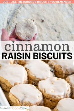 cinnamon raisin biscuits in a baking pan with the words just like the hard's biscuits you remember