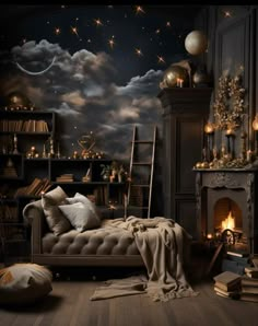 a living room filled with furniture and a fire place under a night sky mural on the wall