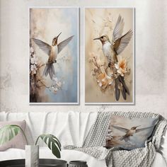 two paintings on the wall of a living room, one with a hummingbird and another with flowers