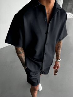 Black Casual Collar   Plain  Embellished Non-Stretch  Men Clothing Monochromatic Outfit Men Summer, Black Beach Outfit Men, All Black Casual Outfit Men, Night Out Outfits Men, Black Summer Outfits Men, Black Men Vacation Outfits, Men Dinner Outfit Night, Men's Summer Outfit, Black Button Up Shirt