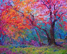 an oil painting of colorful trees in the woods